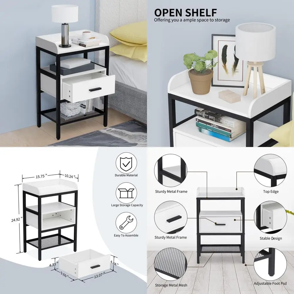 

Набор из 2-х промышленных 3-ярусных приставных столиков с ящиком и местом для хранения для спальни и гостиной