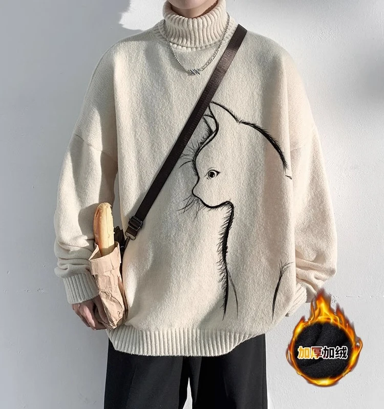 Knitted Sweater Pullover Men's Turtleneck Black Cartoon Embroidery Fashion Loose Retro Couple's Thickened Warm Bottoming Shirt