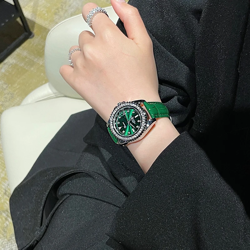 Роскошные брендовые водонепроницаемые часы, классический зеленый циферблат, бриллиантовый Безель, нержавеющая сталь, кожа, женские наручные часы