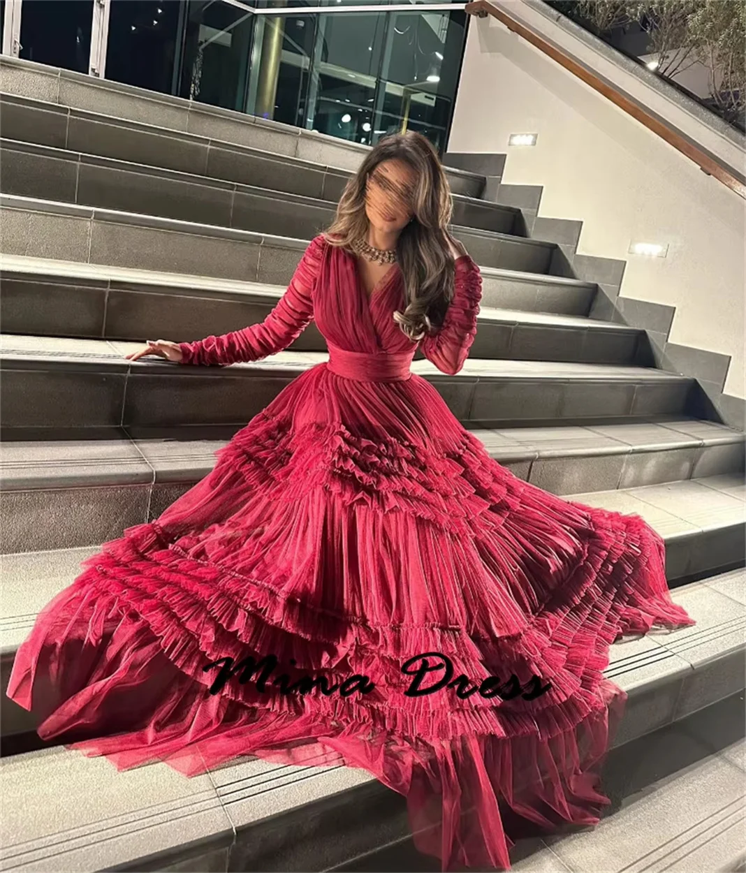 Mina customized Long Sleeve Party Dress for Wedding Chiffon Prom Dress 2024 Multi-layer Wrinkle Evening Gown Elegant Chic Dress image 6
