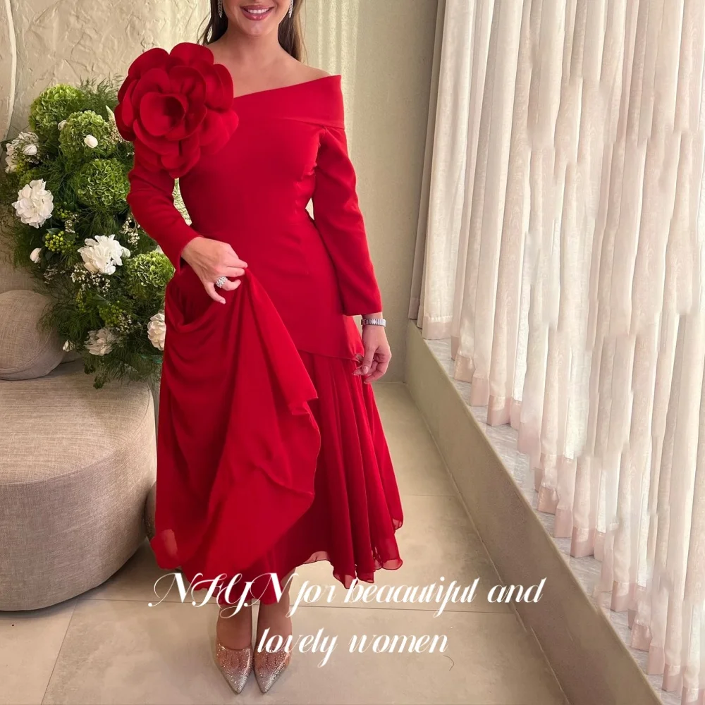 

NFYN Red 3D-Flowers Elegant Prom Dress Long Sleeves Party Dresses Satin A-Line Pleating Evening Dresses robe de bal Customized