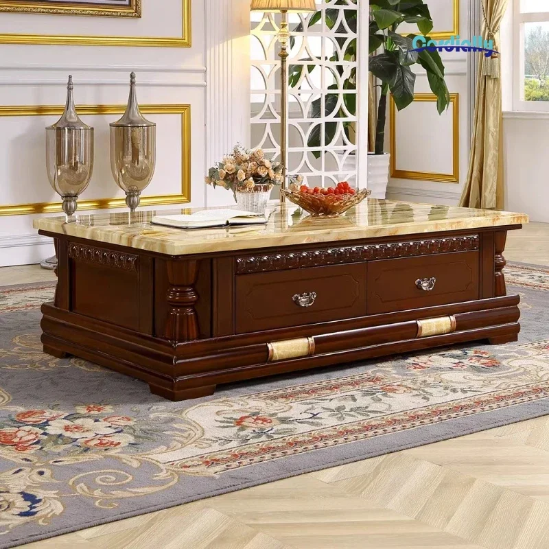 Four Drawer Storage Walnut Colored Marble Coffee Table Design Interior Side Table Luxury Modern Living Room Home Decor