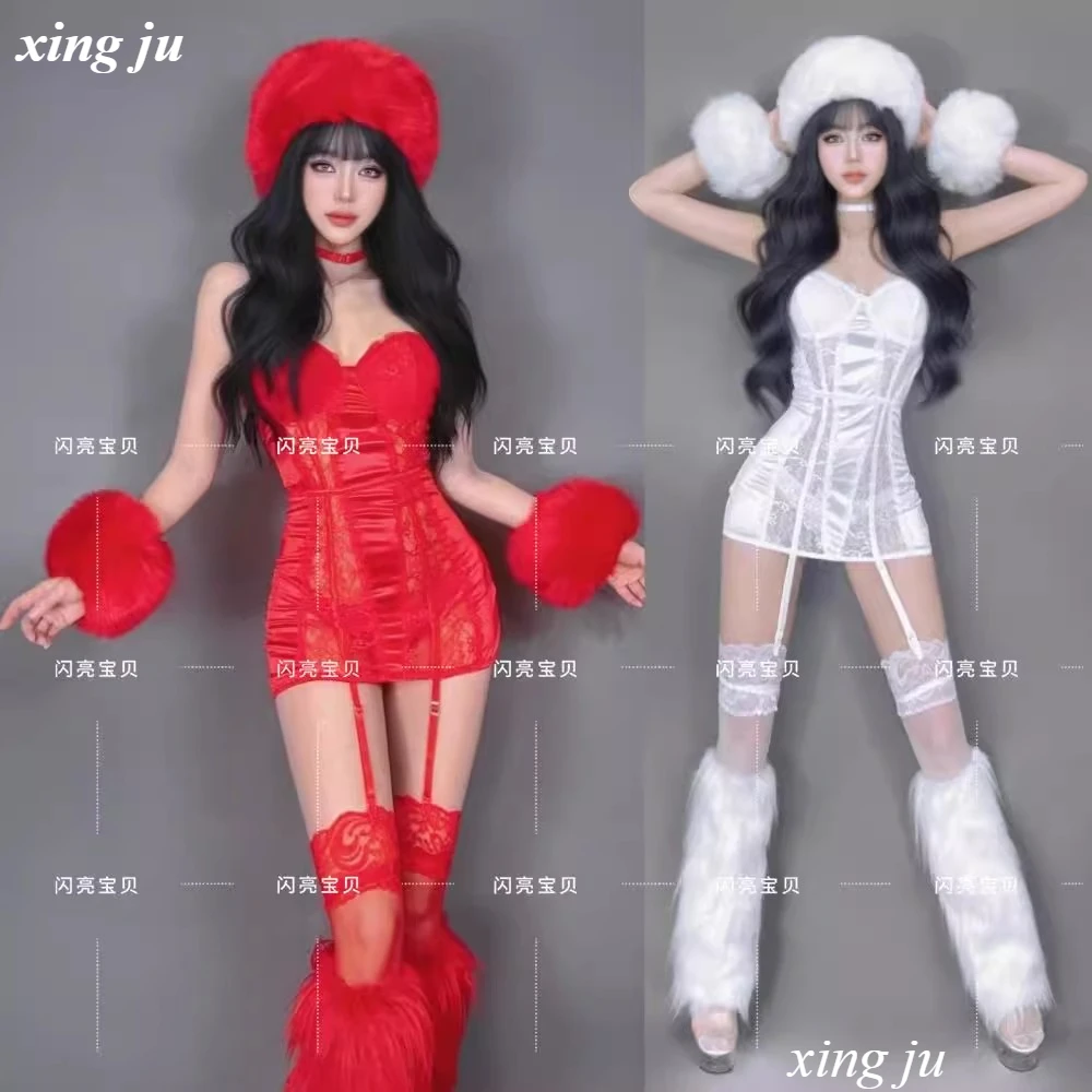 Nightclub Hot Girl Performance Costume Pole Dance Red Clothing Female Singer DJ Stage Dancer Sexy White Strapless Short Dress