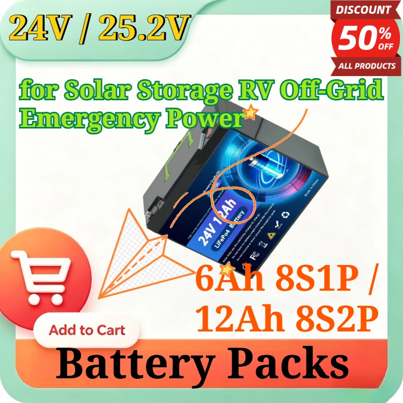 24V / 25.2V 6Ah 8S1P / 12Ah 8S2P Rechargeable LiFePO4 Battery 32700 Deep Cycle for Solar Storage RV Off-Grid Emergency Power