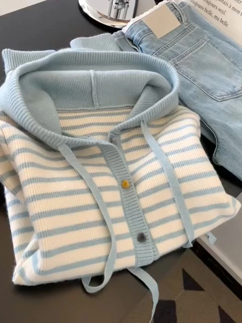 Korean Sle Women's College Sweet Stripes Open Cardigan Hoodie Loose Slim Winter Knitted Top Warm Long Sve Hooded Sweater