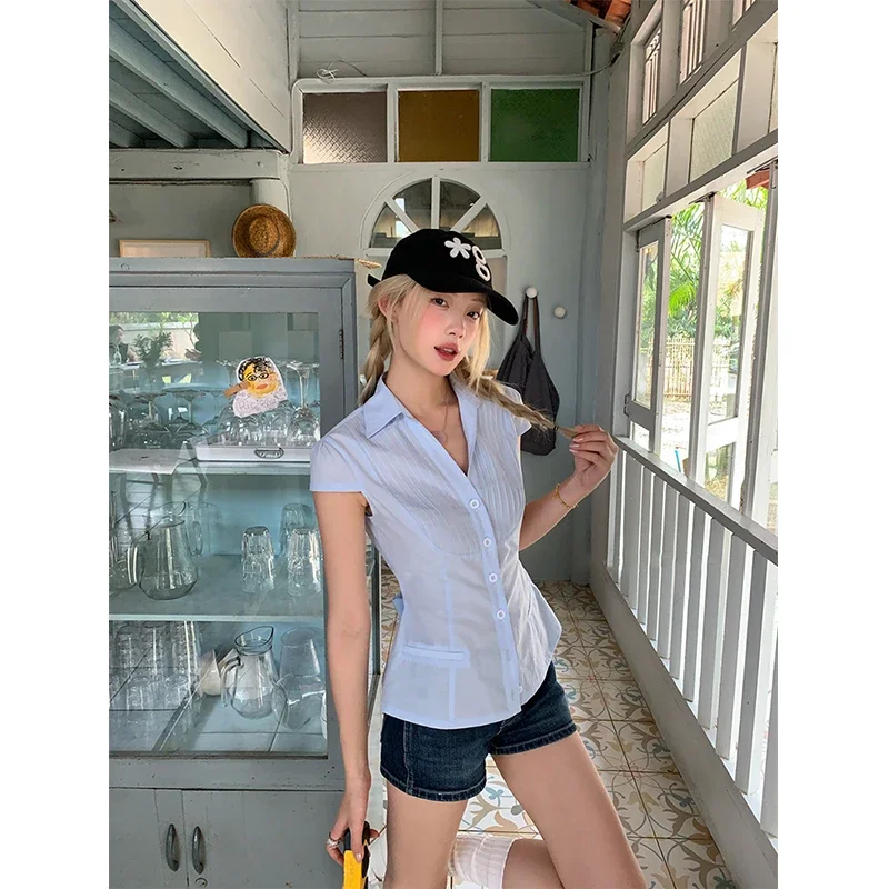 قمصان هاراجوكو صيفية جديدة للسيدات بلوزات كورية عصرية بأشرطة على شكل فيونكة وأكمام قصيرة غير رسمية قطع علوية Y2k ضيقة