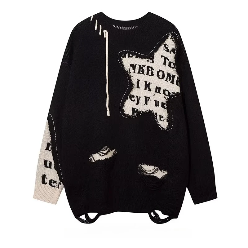 Autumn Winter New Black Letter Patchwork Round Neck Long Sleeve Casual Sweater American High Street Men's Purple Knitwear