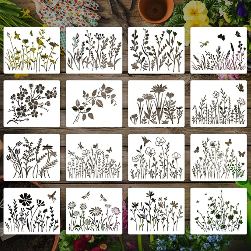 

12*15cm Spring Flowers Plants Stencils DIY Layering Wall Scrapbook Coloring Embossing Decora Graffiti Painting Template Reusable