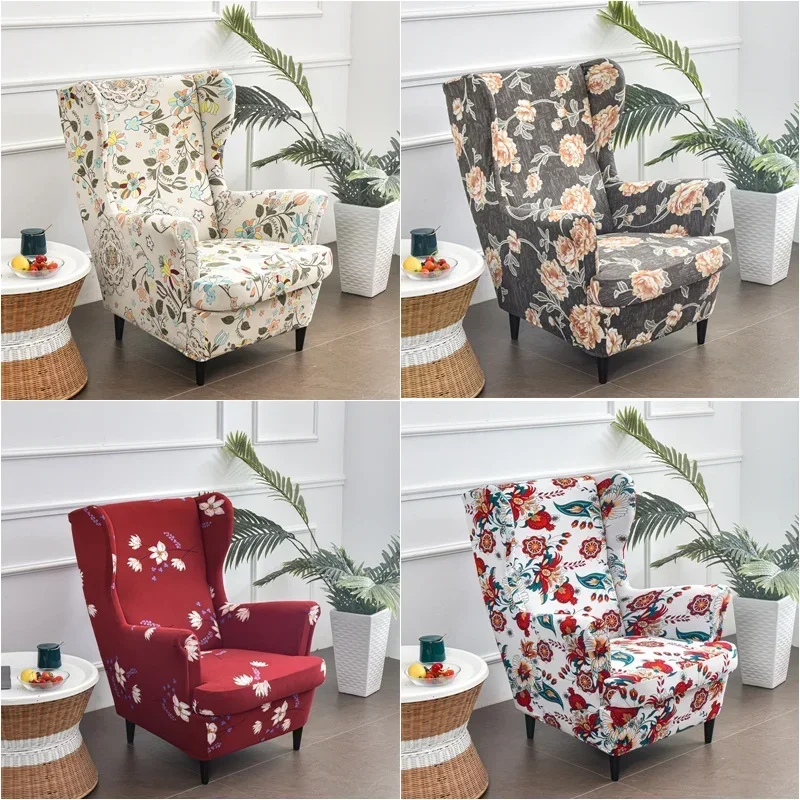 Floral Printed Wing Chair Cover Stretch Wingback Armchair Covers Nordic Removable Relax Sofa Slipcover Furniture Protector Cover