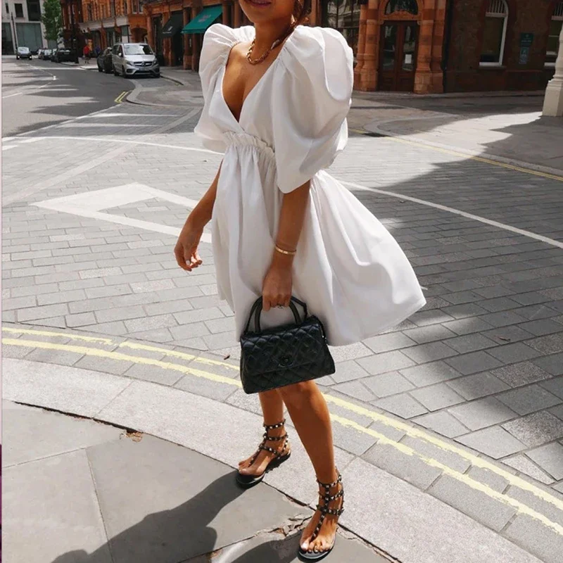 Female Elegant Blue White Sexy Deep V-Neck Dress Half Puff Sleeve Casual Mini Dress Summer 2023 Women A Line Vestidos Aesthetic