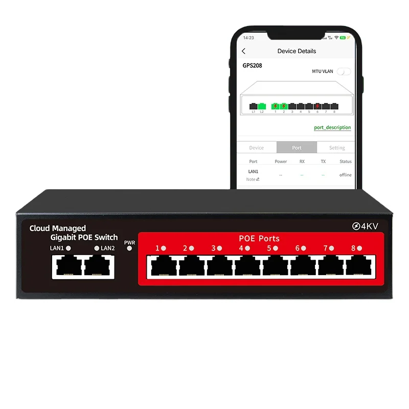 Cloud Managed PoE Switch Full Gigabit 8 Ports PoE Switch Support QOS DHCP Snooping Web Management