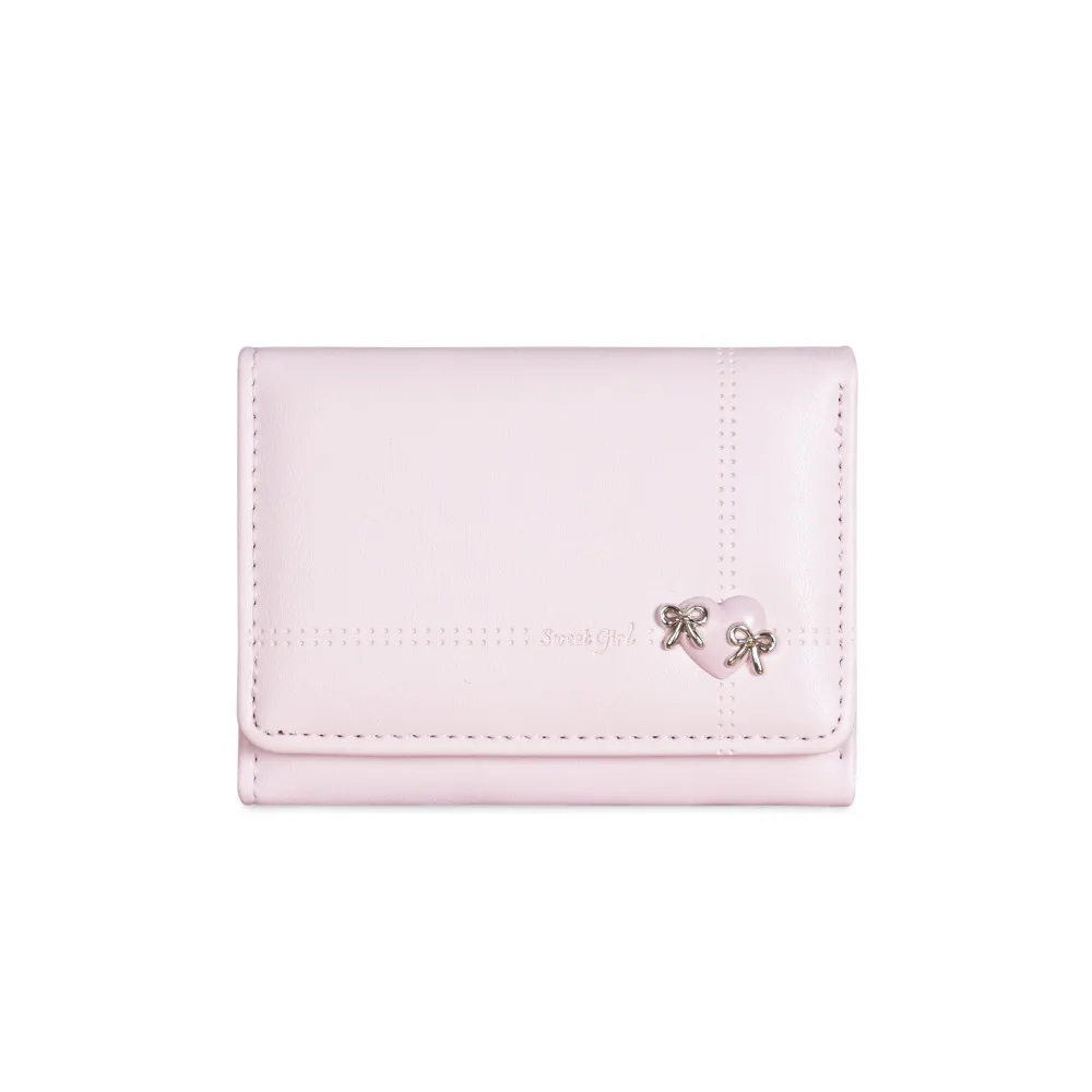 

Heart-Shaped Bow Design Tri-fold Short Wallet Foldable Multiple Card Slots Money Bag PU Leather Multipurpose Coin Purse