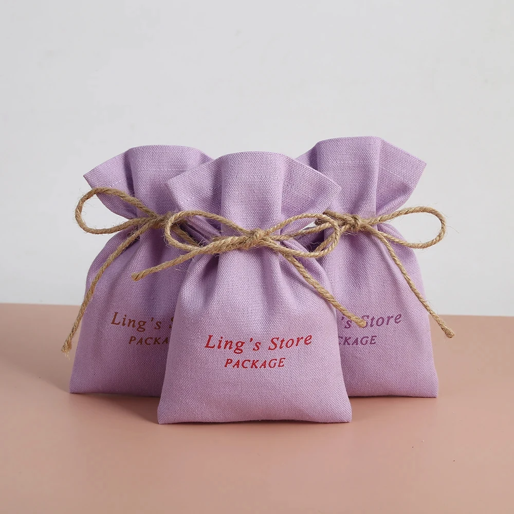 100pcs Custom logo Violet Cotton Jewelry Organizer Gift Bag Hemp String Pouch Wedding Favors Candy Goodie Packing Storage Pocket