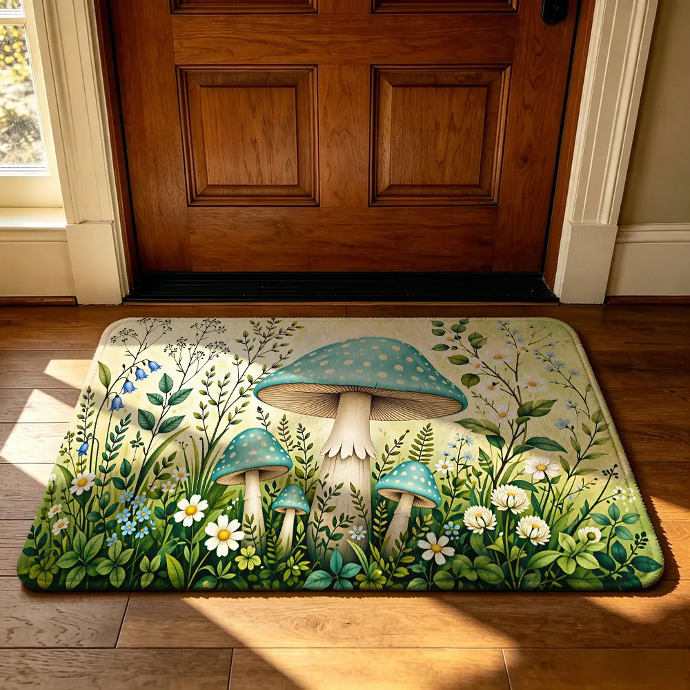 Tapis de porte intérieur en flanelle à pois bleus, motif champignon, antidérapant en silicone, touffeté, décoration de maison, 1 pièce