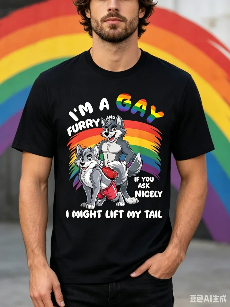 2026 New Fashion Men's Fun Gay Furry Pride Month T-Shirt Rainbow I Am Gay Letter Printed Short Sleeve Tops Trend Man Streetwear