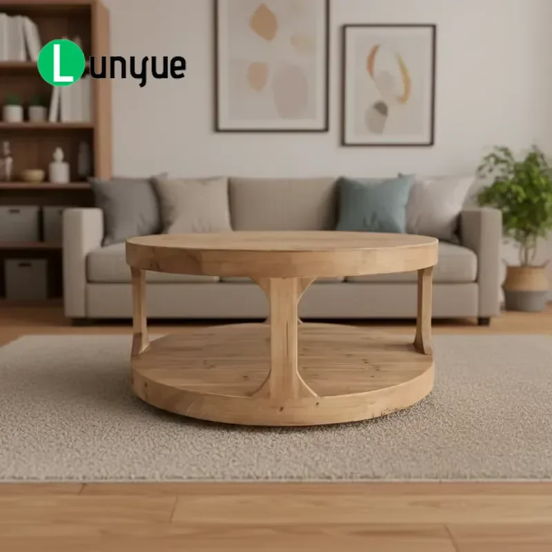 Scandinavian Farmhouse Antique Solid Oak Round Coffee Table with Storage Space for Living Room Durable Wood Furniture Decor