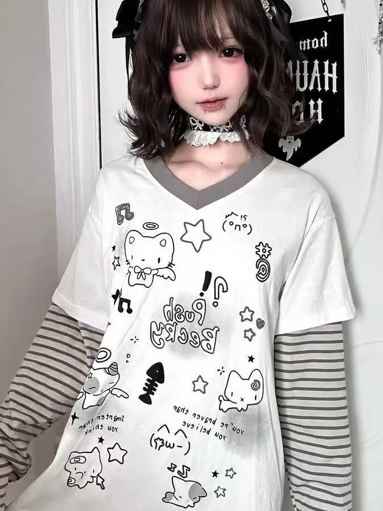 Y2K Japanese Style Graffiti Long Sleeve T-Shirt Women's Spring Autumn New Waste Land Style Student Fake Two-Piece Top