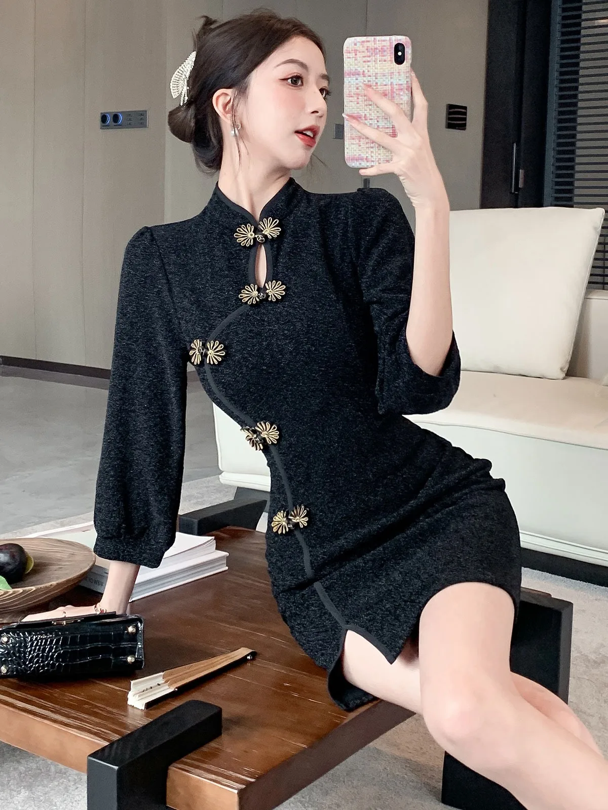 

Ele Bright Tead Seven-Quarter Sve Dr Waist-Cinching Retro Luxury High Collar ort Dr for Women