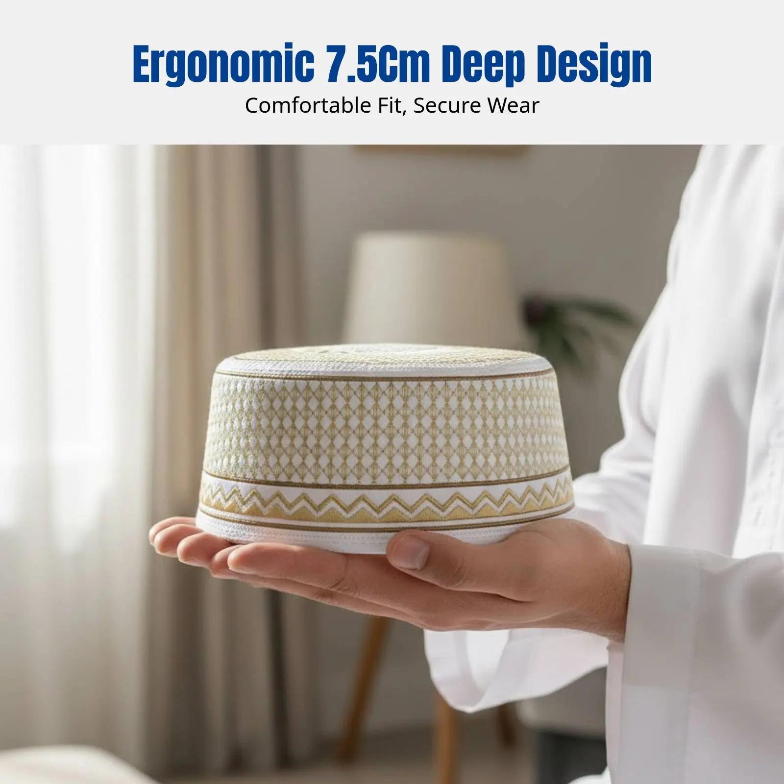

Men's Prayer Cap, Geometric Embroidery, Deep Dome, Traditional Colors, Comfortable Fit