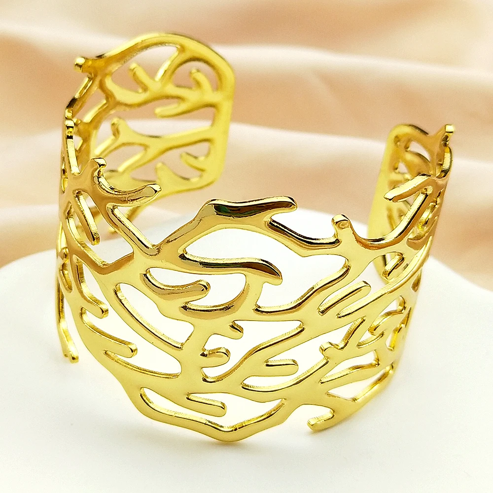 

Chunky Branch Stainless Steel Open Wide Cuff Bracelet Bangles for Women Men Gold Color Resizable Hollow Bracelets Jewelry