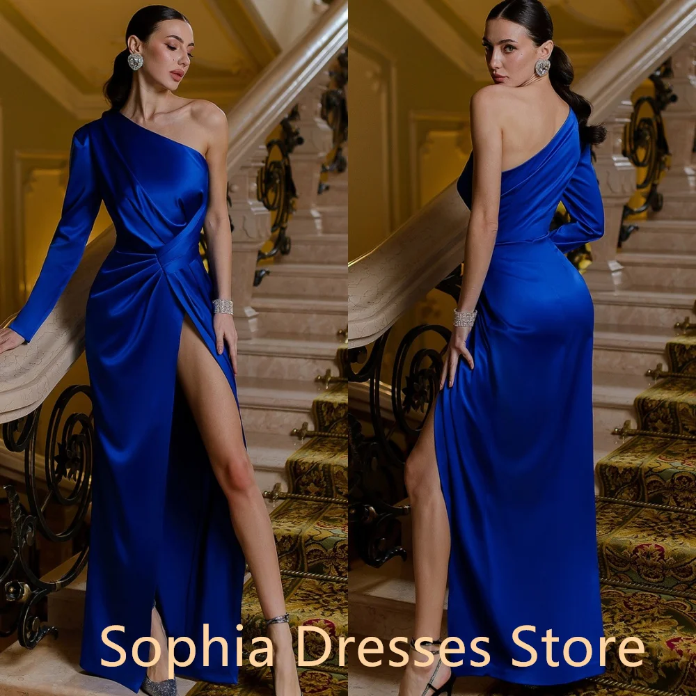 

Customized Mermaid Luxury Sexy One Shoulder Side Slit Evening Dress Sweep Train Ruched Half Sleeves Prom Dress Party Dress