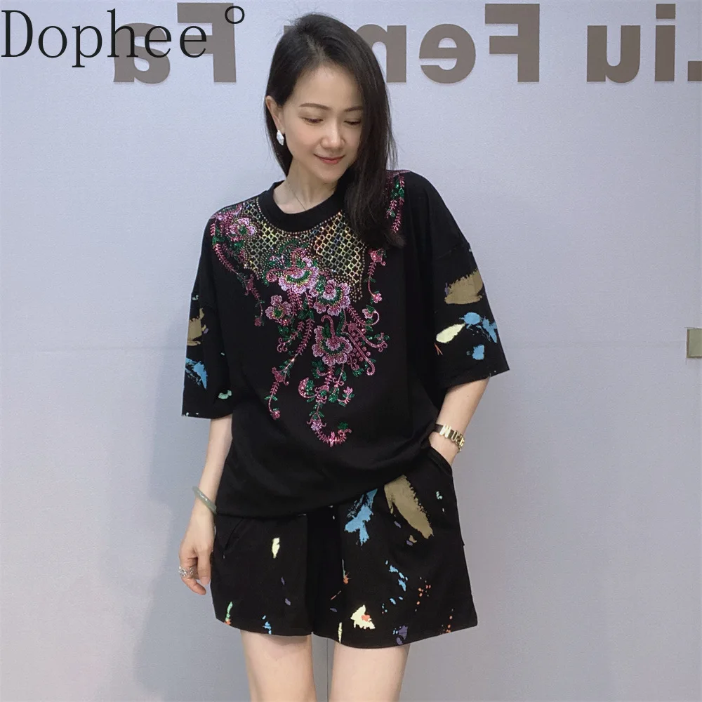 

Luxury Diamonds Women Casual Two-piece Set Half Sleeve Loose Pullover T-shirt Top + Elastic Waist Wide Leg Shorts Sports Suits