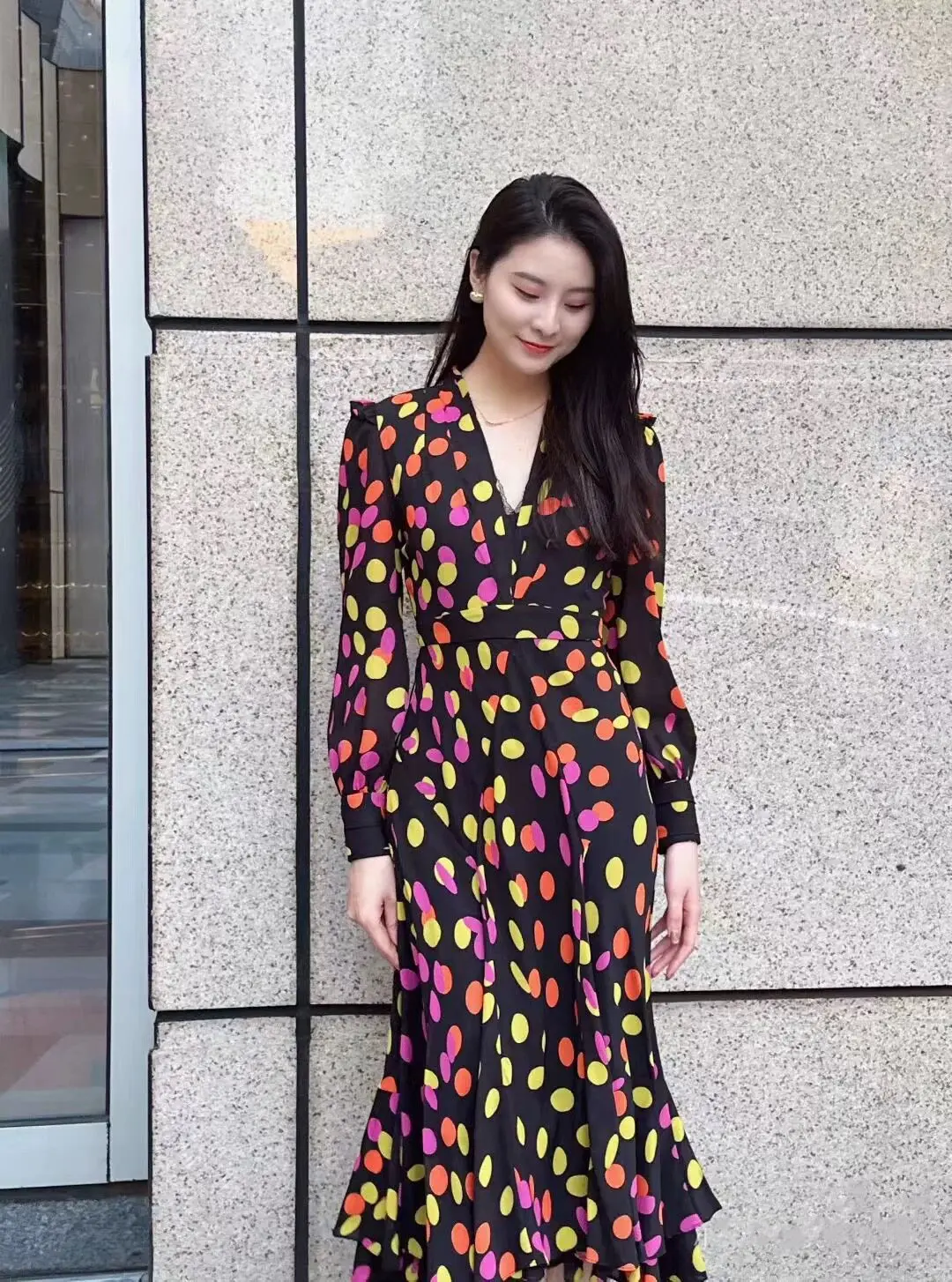 Multi Colors Spot Printed Lace Trim Midi Dress US 2-US 10