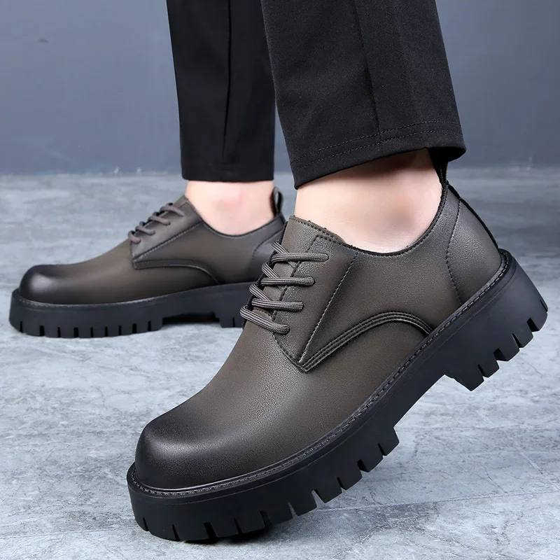 Zapatos informales de negocios para hombre, vestido formal de boda, zapatos de plataforma de cuero genuino, calzado derby con cordones, calzado transpirable para caballero