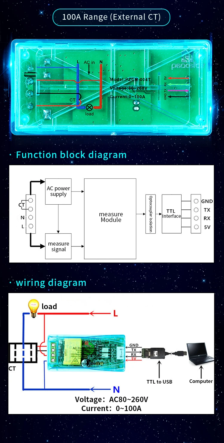 PZEM-004T AC Multifunction Meter Watts Power Volts Amps TTL Current Test Module with Coil 0-100A 80-260V AC for Arduino