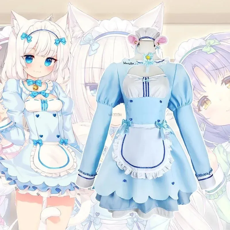 Game Chocola Nekopa Cosplay Costume Clothes Wig Vanilla Suit Cat Girl Maid Costume Lolita Women Skirt Lovable Pink Blue Color