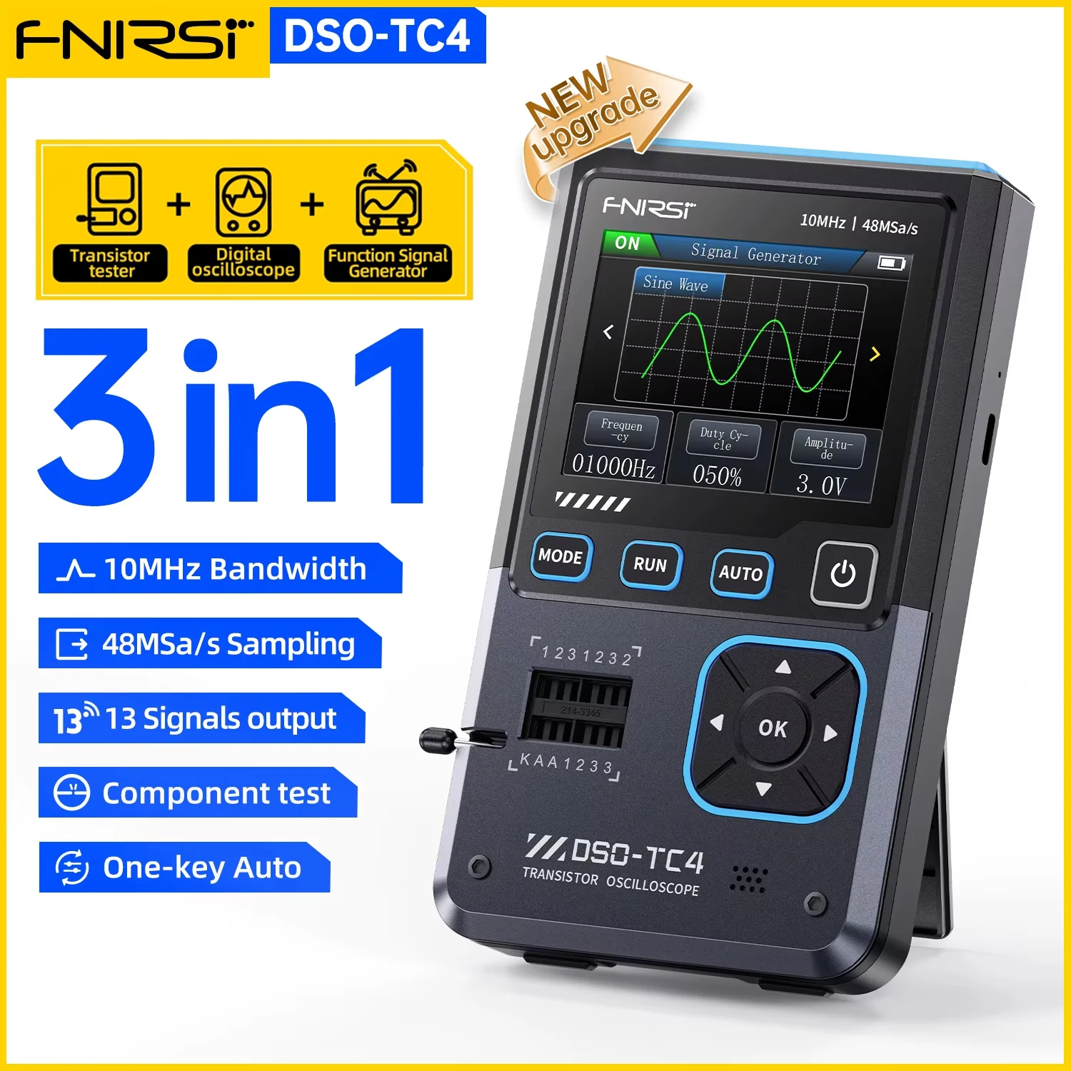 

FNIRSI DSO-TC4 3 in 1 Digital Oscilloscope Transistor Tester Signal Generator 10MHz 48Ms/s Electronics Component Tester