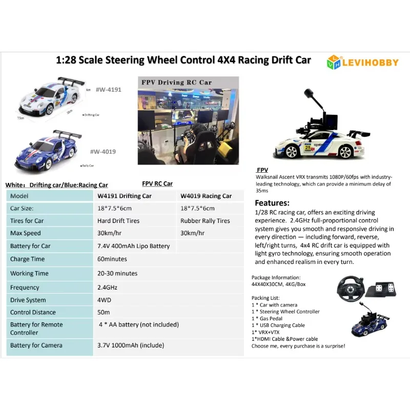 Mini Me Racing for Adult 4WD Drifting 1:28 Scale RC Car with FPV Camera Metal Expert Steering Wheel & Pedal Simulator Controller