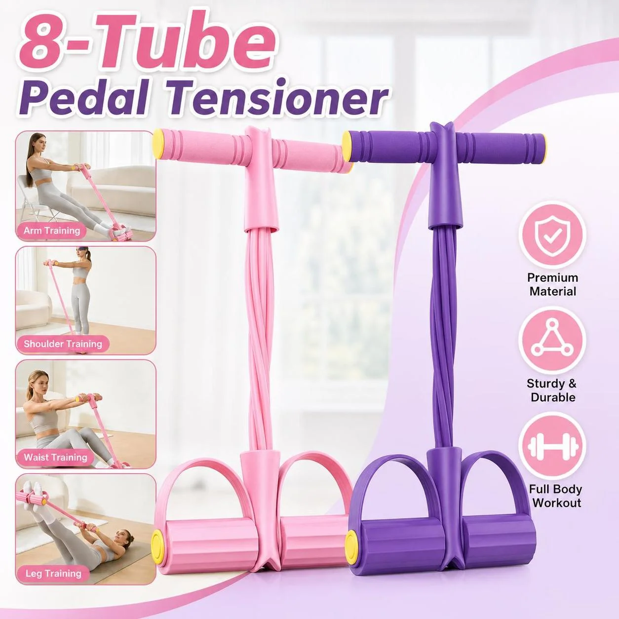 Appareil d'exercice à pédale 8 tubes, bande de résistance multifonction, corde de traction, bandes élastiques de fitness et de yoga, appareil de développement pectoral pour exercices sportifs en salle de sport, à domicile, au bureau