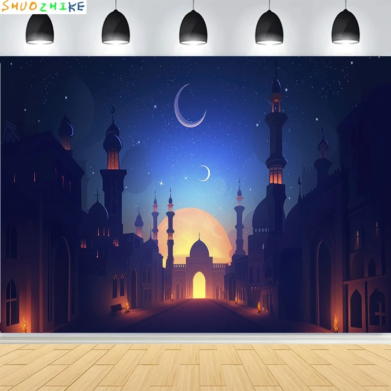 عيد الفطر التوضيح مع مسجد فانوس خلفيات للتصوير الفوتوغرافي الإسلامية الأضحى العربية قصر استوديو الصور خلفية MO-01