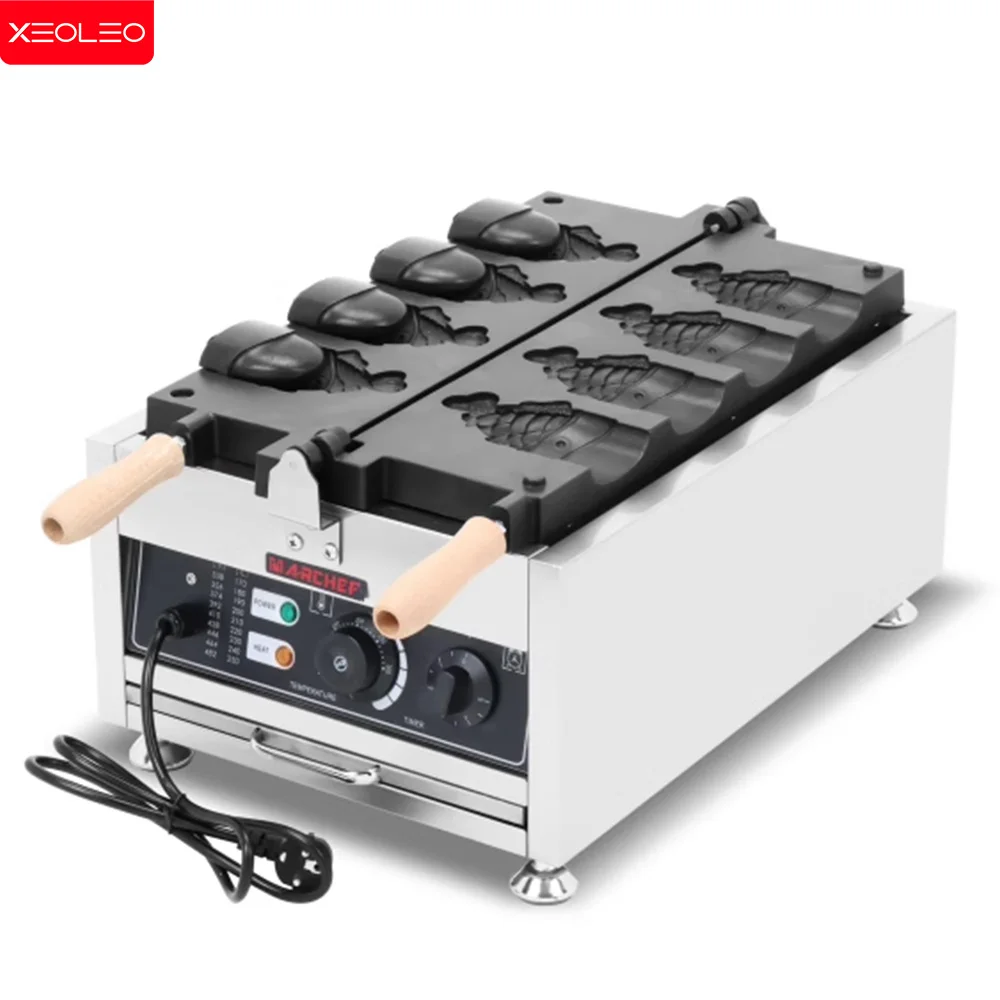 XEOLEO Electric Taiyaki Maker 2400W 4PCS Open Mouth Ice Cream Fish Shape Waffle Maker Non-Stick Fish Shaped Bun Machine