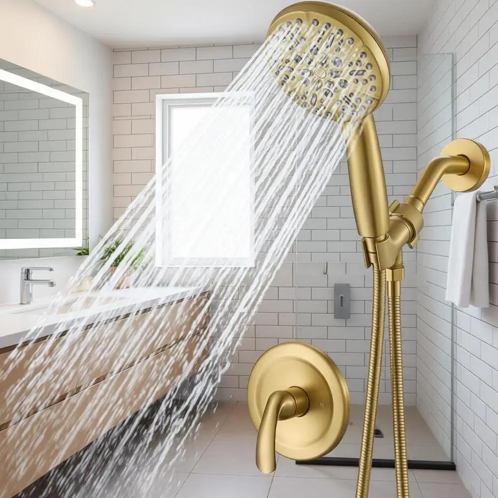 

Single-Handle Gold Shower Set - Brushed Gold Shower and Handle Set, Shower Trim Kit with 7-Spray Handheld Shower System
