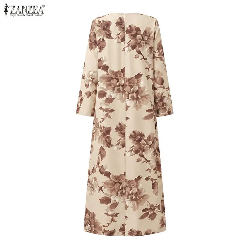ZANZEA Muslim Modest Fashion Floral Print Maxi Dress Womens Hijabs O-Neck Long Sleeve Loose Abaya Robes Islamic Eid Kaftan