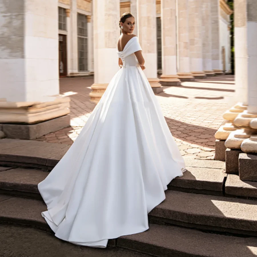 OUSIRUI V Neck Simple Satin Wedding Gown Sweep Train Gorgeous Ball Gown Wedding Dresses Off The Shoulder Corset Bridal Dress