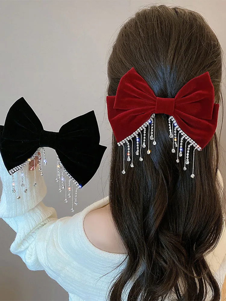 Nowa duża kokarda Bling Rhinestone frędzle spinka do włosów satynowe spinki do włosów Barrettes spinka do kucyka elegancka błyszcząca podwójna kokarda szpilka do włosów Heawear — zdjęcie 2