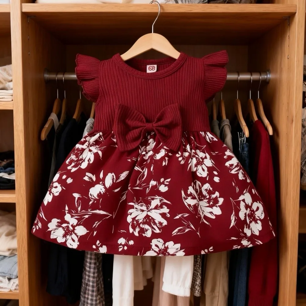 

Bow Baby Girl Dress Floral Short Sleeve Newborn Clothes Set Cotton with Headband Socks Infant Red Princess Dress