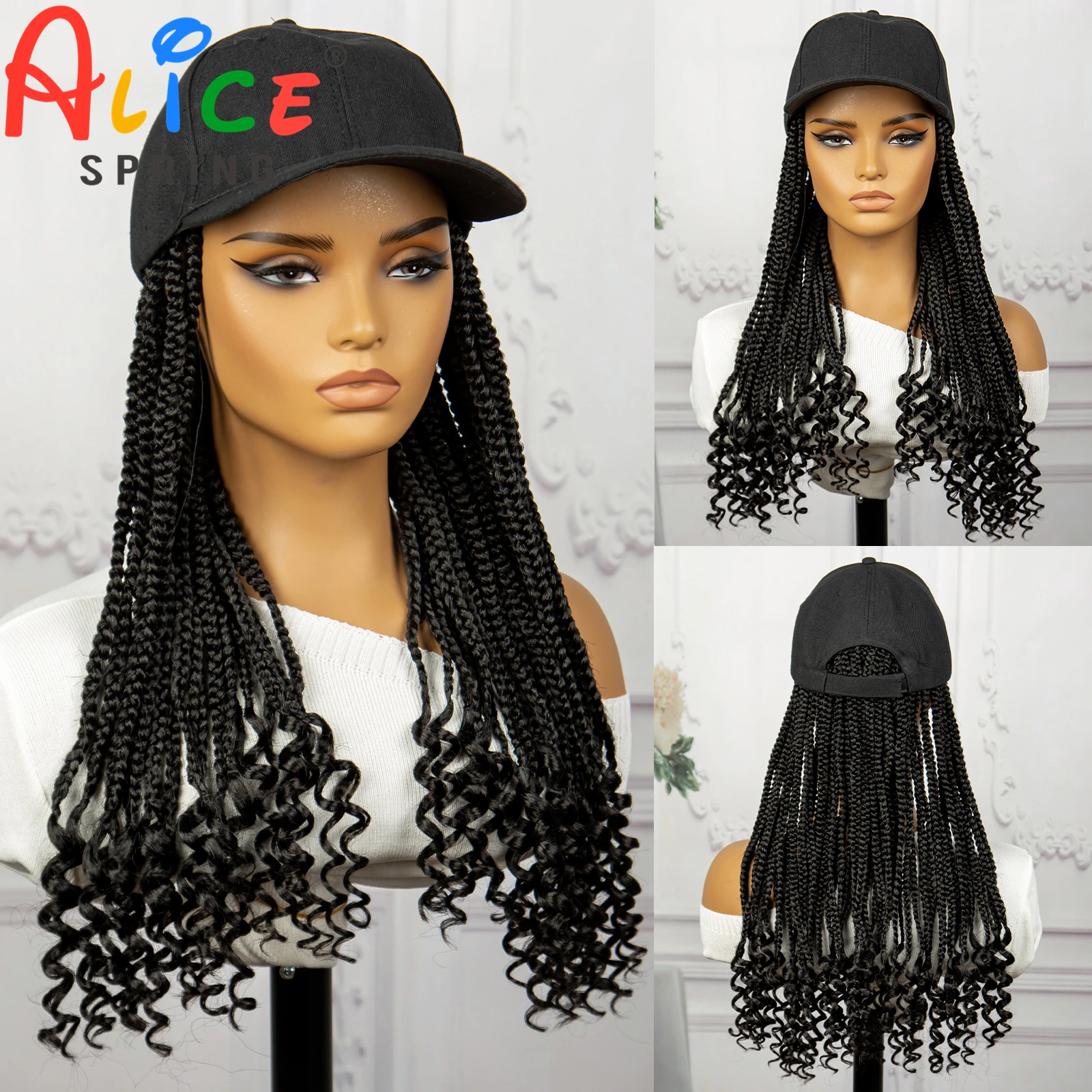 18 Inch Baseball Hat Wig with Synthetic Curly Ends Kontless Braided Hair Natural Extensions Adjustable Braided Hat Wig for Women