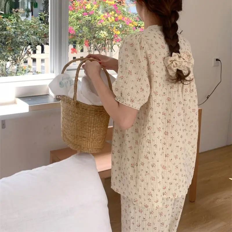 Floral Sleepwear Women Pajama Sets Korean Piiama Pants Sets 2 Pieces Night Wears Short Sleeve Pyjamas Summer Home Suit 2024 New