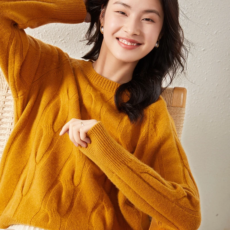 เสื้อไหมแคชเมียร์ถักลายดอกบิดเกลียว คอกลม แขนยาว สำหรับผู้หญิง ดีไซน์หรูหรา สไตล์ชาติพันธุ์ สำหรับฤดูใบไม้ร่วงและฤดูหนาว ผลิตจากไหมแคชเมียร์แท้ 100%