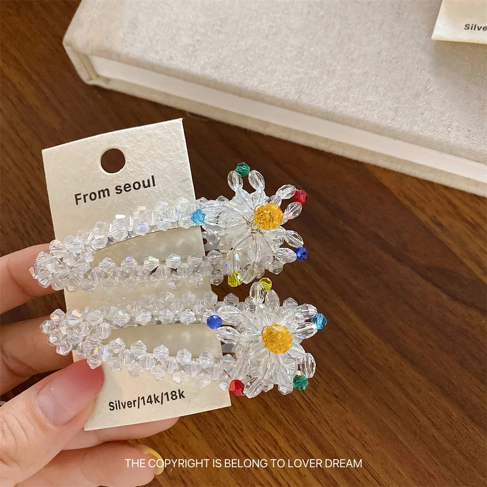 Clear Colored Crystal Bead Flower Hair Clip Cute Sweet Side Fringe Clip for Women Non Slip Soft Premium High Quality