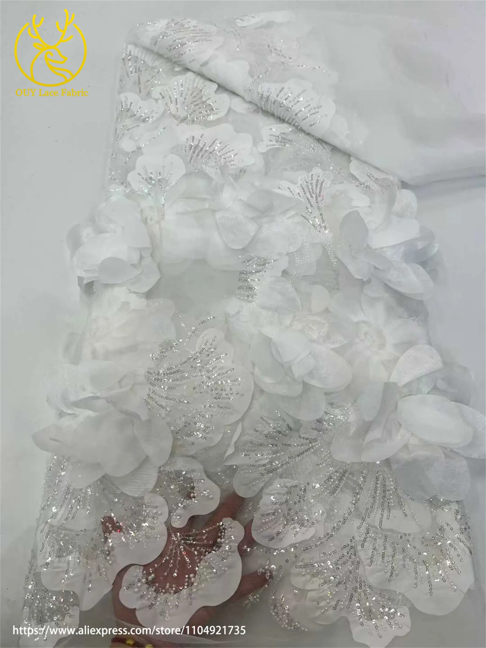 3D Blumenmuster Afrikanischer Braut-Spitzenstoff 2026 Neueste Französische Nigerianische Pailletten-Spitze für Brautkleider und Hochzeitsmode – Detail 11