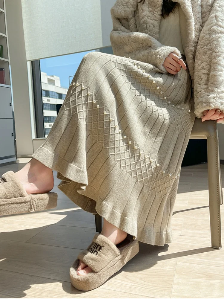 SMTHMA ソフトスティッキーデザインビーズニットスカート レディース ハイウエストスリムスカート レディース Aラインカジュアルロングスカート