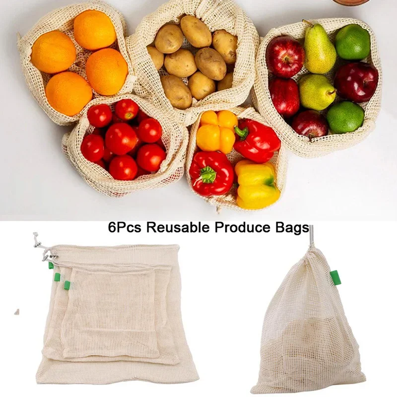 Reusable Cotton Mesh Vegetable Bags, Kitchen Storage Bag, Washable Drawstring Bags, Produce Fruit