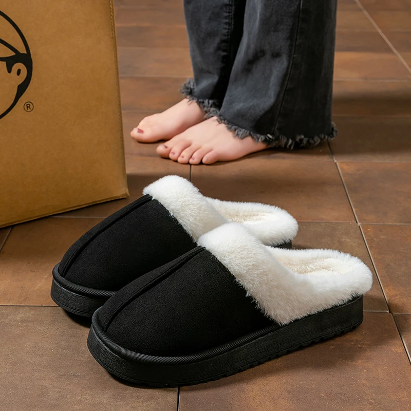 Fashion Fluffy Platform Slippers for Women Men Winter Plush Warm Cotton Shoes Woman Comfort Non Slip Unisex Home Slippers image 6