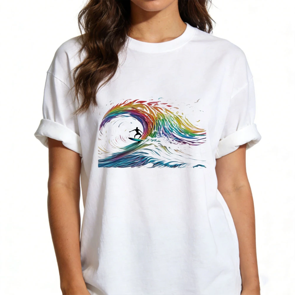 Vibrant Rainbow Wave Surfer T-Shirt Abstract Artistic Psychedelic Unisex Shirt Men Women Fashion Casual Crewneck Cotton Tee Tops