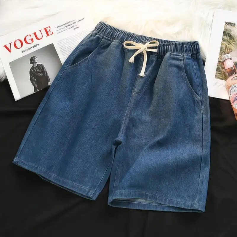 Versátil azul cintura alta cordão denim shorts das mulheres dos homens unisex verão solto casual cintura elástica shorts de perna larga